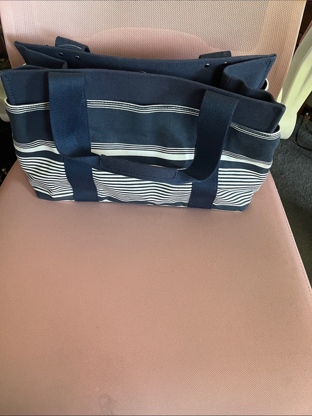 Bass Navy and White Striped Duffel Tote